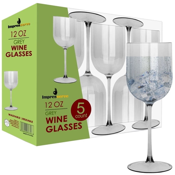 Impresserve 12 oz Gray Plastic Wine Goblets, Disposable Party Glasses (Set of 5)