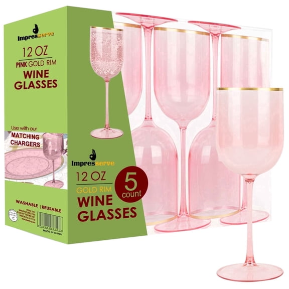 Impresserve 12 oz Pink Plastic Wine Goblets with Gold Rim, Disposable Party Glasses (Set of 5)