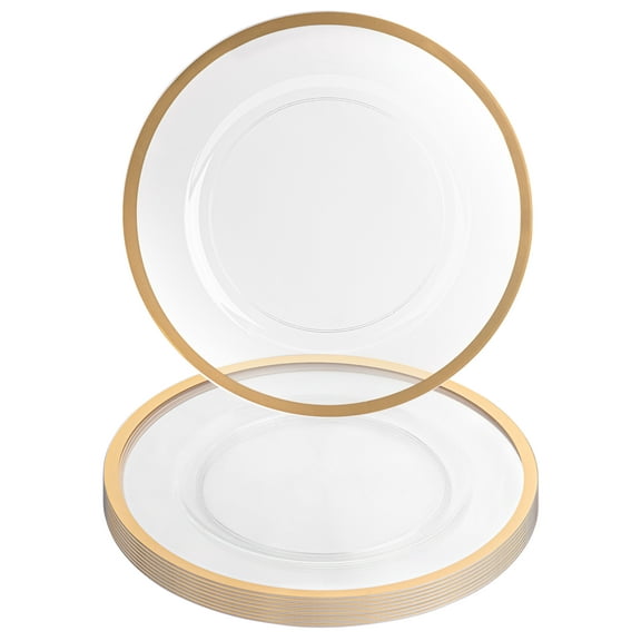 Impresserve 13-inch Charger Plates, Clear Gold Rim, 8-Pack, Disposable Table Chargers for Weddings and Events