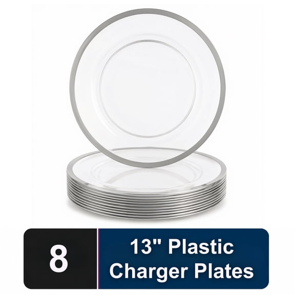Impresserve 13 Inch Clear Charger Plates with Silver Rim, Disposable Plastic Charger Plates for Events and Dining, 8 Count