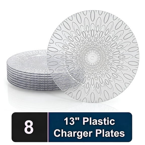 Impresserve 13 Inch Silver Raindrop Charger Plates, Disposable Plastic Charger Plates for Events and Dining, 8 Count