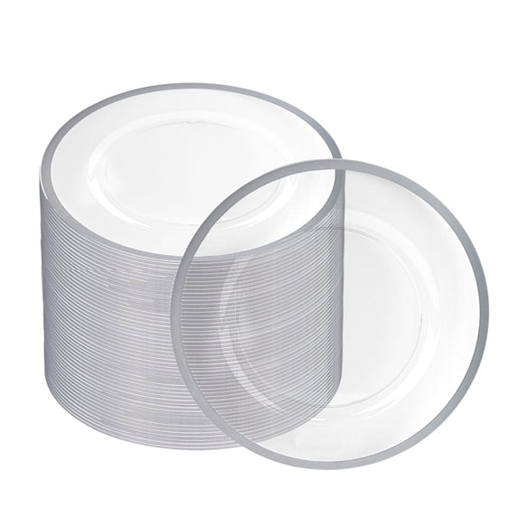 Impresserve 13 Inch Clear Charger Plates with Silver Rim, Disposable Plastic Charger Plates for Events and Dining, 48 Count