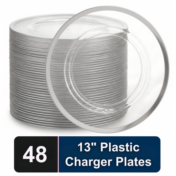 Impresserve 13 Inch Clear Charger Plates with Silver Rim, Disposable Plastic Charger Plates for Events and Dining, 48 Count