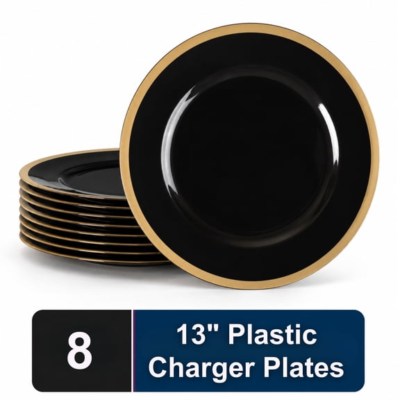 Impresserve 13 Inch Black Charger Plates with Gold Rim, Disposable Plastic Charger Plates for Events and Dining, 8 Count