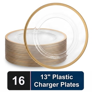 Impresserve 13 Inch Clear Charger Plates with Gold Rim, Disposable Plastic Charger Plates for Events and Dining, 16 Count