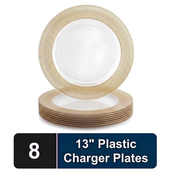 Impresserve 13 Inch Clear Charger Plates with Gold Textured Rim, Disposable Plastic Charger Plates for Events and Dining, 8 Count
