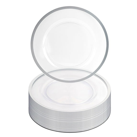 Impresserve 13-inch Disposable Plastic Clear Charger Plates with Silver Rim - 16 Count