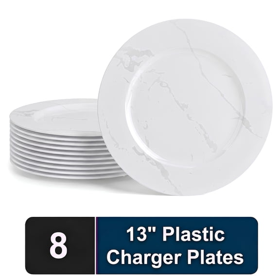 Impresserve 13 Inch Granite Charger Plates, Disposable Plastic Charger Plates for Events and Dining, 8 Count