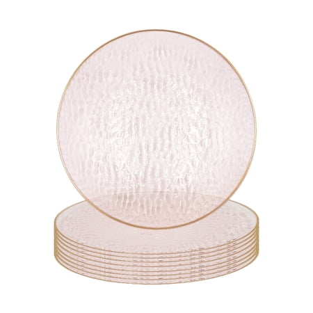 Impresserve 13 Inch Pink Hammered Charger Plates with Gold Rim, Disposable Plastic Charger Plates for Events and Dining, 8 Count