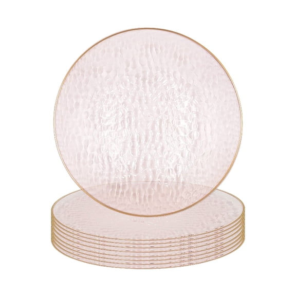 Impresserve 13 Inch Pink Hammered Charger Plates with Gold Rim, Disposable Plastic Charger Plates for Events and Dining, 8 Count