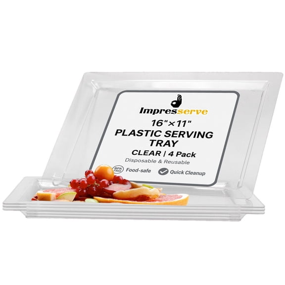 Impresserve 16" x 11" Plastic Serving Trays, Clear, 4 Count, Rectangular Disposable Platters for Parties and Events, Durable Food Display Tray