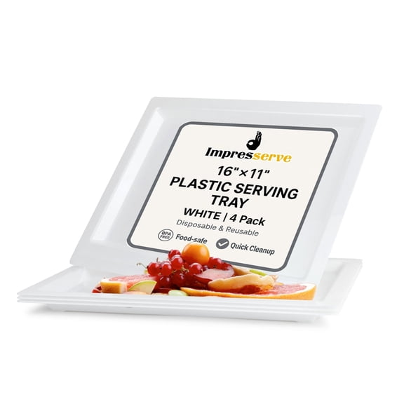 Impresserve 16" x 11" White Plastic Serving Trays, Rectangular Disposable Food Platters for Parties and Events, 4 Count