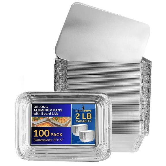 Impresserve 2 lb Aluminum Foil Pans with Board Lids, 100 Pack, 8 x 6 inch Disposable Cookware for Baking, Roasting, and Food Prep