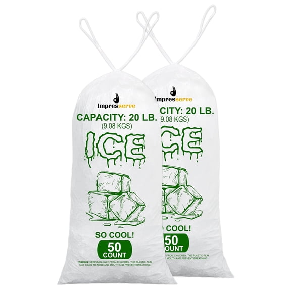 Impresserve 20lb Plastic Ice Bags with Drawstring Closure – 100 Count