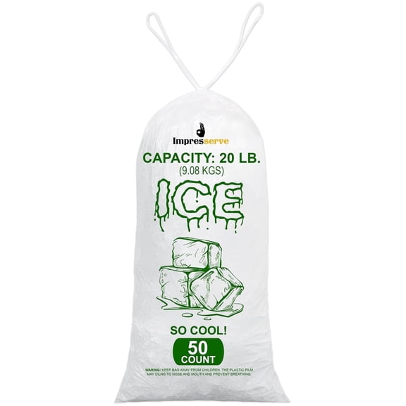 Impresserve Plastic Ice Bags, 20 lb Capacity, Drawstring Closure, Clear, 50 Count