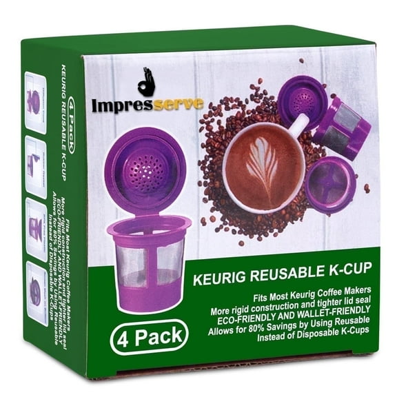 Impresserve Purple Reusable Coffee Filter Pods for Keurig 2.0, Stainless Steel Mesh – 4 Count