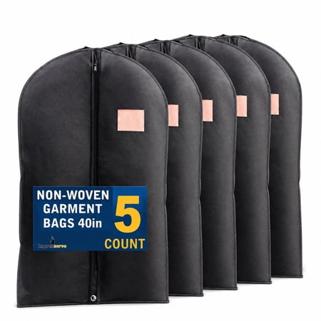 Impresserve 40 Inch Non Woven Garment Bags with Zipper Closure, Black, 5 Count