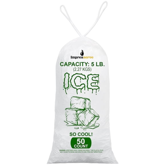 Impresserve Plastic Ice Bags, 5 lb Capacity, Drawstring Closure, Clear, 50 Count