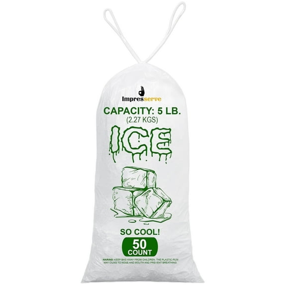 Impresserve 5lb Plastic Ice Bags with Drawstring Closure – 50 Count