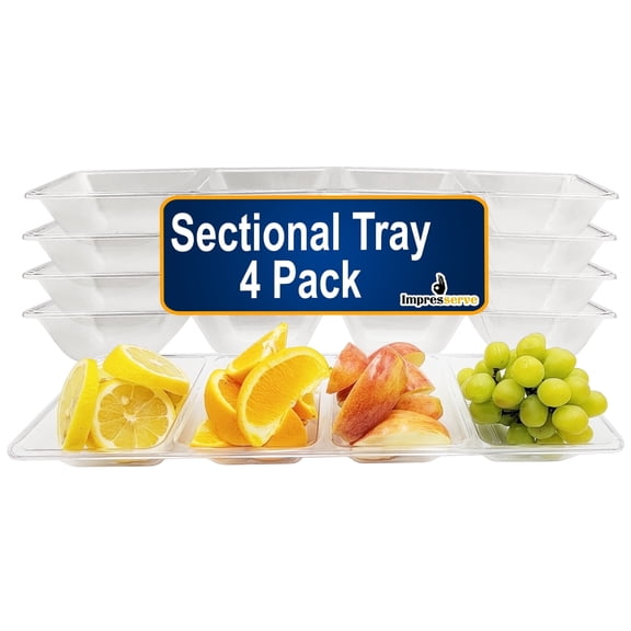 Impresserve 5" x 16" Clear 4-Section Rectangular Plastic Food Tray - 4 Count