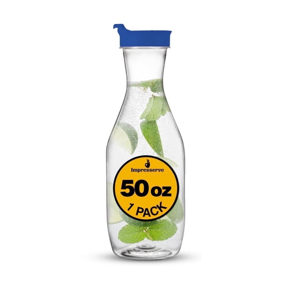 Impresserve 50 oz Clear Plastic Pitcher with Blue Flip-Top Lid, Disposable Carafe Style, 1 Count