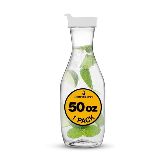 Impresserve 50 oz Clear Plastic Pitcher with White Flip-Top Lid, Disposable Carafe Style, 1 Count
