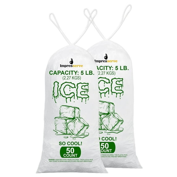 Impresserve 5lb Plastic Ice Bags with Drawstring Closure – 100 Count