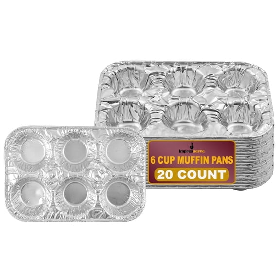 Impresserve Aluminum Muffin Pans, 6-Cup Muffin Baking Pans with Standard Size Cups, Disposable Foil Bakeware, 9.9 x 6.6 in, 20 pack