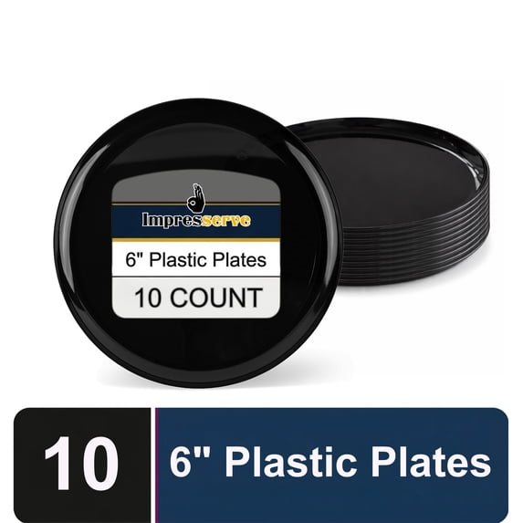 Impresserve Edge Collection Disposable Plastic Plates, 6", Black, 10 Count