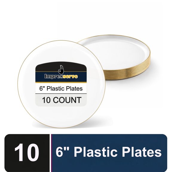 Impresserve Edge Collection Disposable Plastic Plates, 6", White & Gold, 10 Count