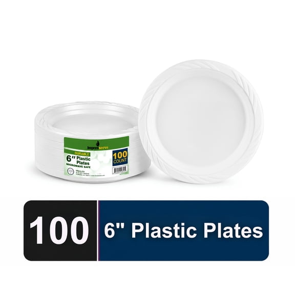 Impresserve 6-inch White Microwavable Plastic Plates, 100 Count – Durable Disposable Dinnerware for Parties & Catering
