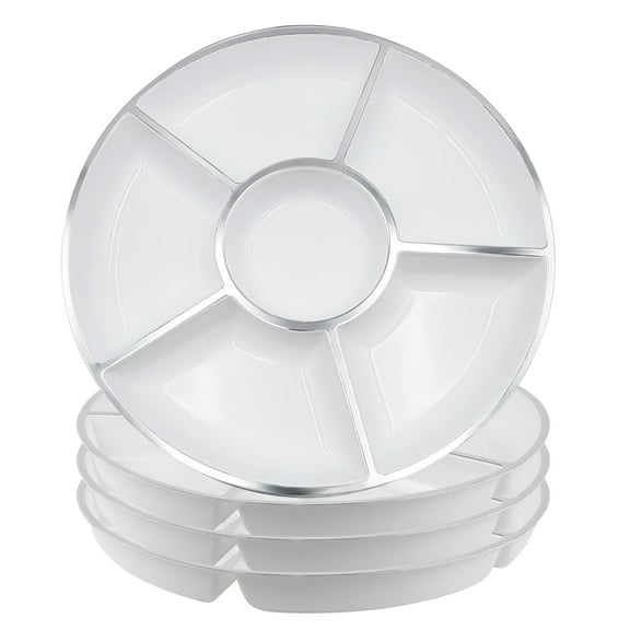 Impresserve 6 Sectional Round Plastic Serving Tray - 12", White/Silver, 4 Pack