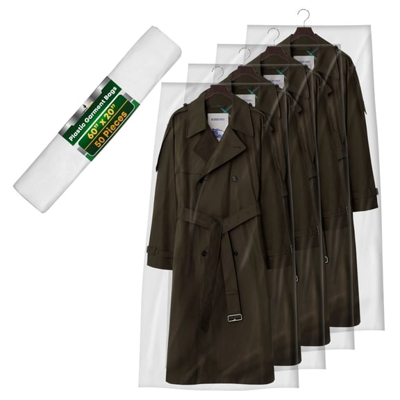 Impresserve 60 x 20 Inch Clear Plastic Garment Bags, Disposable Clothing Protector Covers, 50 Count