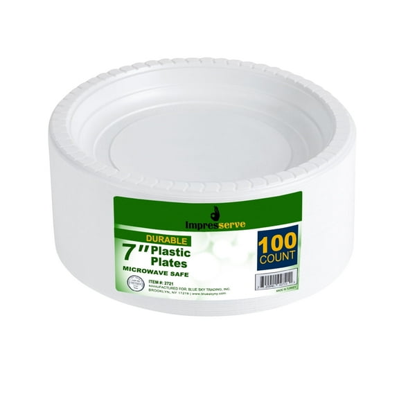 Impresserve 7-inch White Microwavable Plastic Plates, 100 Count – Durable Disposable Dinnerware for Parties & Catering