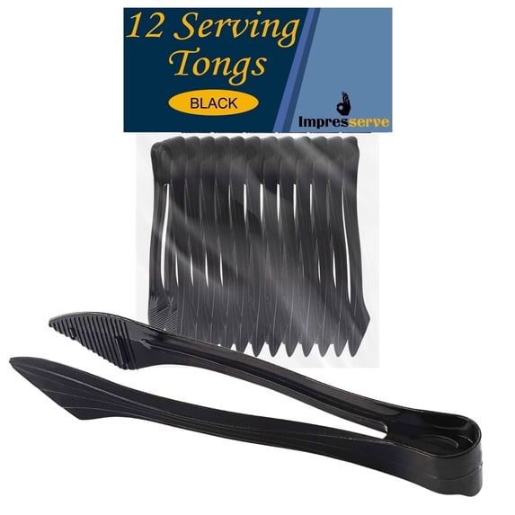Impresserve 8.5" Black Disposable Plastic Serving Tongs - 12 Count