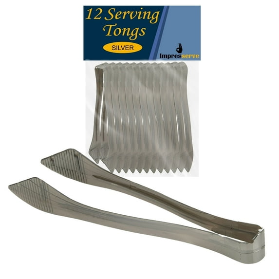 Impresserve 8.5" Disposable Plastic Silver Serving Tongs - 12 Count