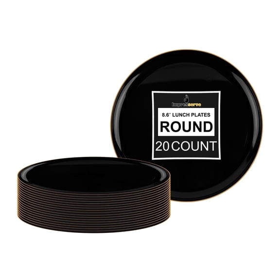 Impresserve 8" Edge Collection Disposable Black Plates with Gold Rim - 20 Count