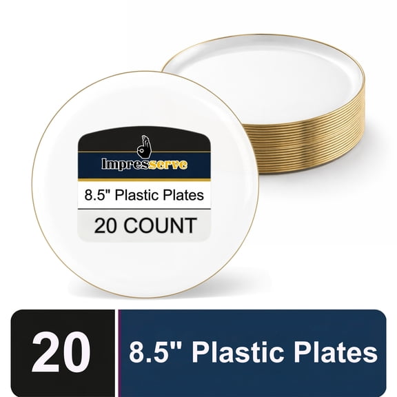 Impresserve Edge Collection Disposable Plastic Plates, 8.5”, White & Gold, 20 Count