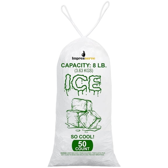 Impresserve Plastic Ice Bags, 8 lb Capacity, Drawstring Closure, Clear, 50 Count