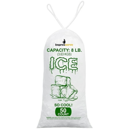 Impresserve 8lb Plastic Ice Bags with Drawstring Closure – 50 Count