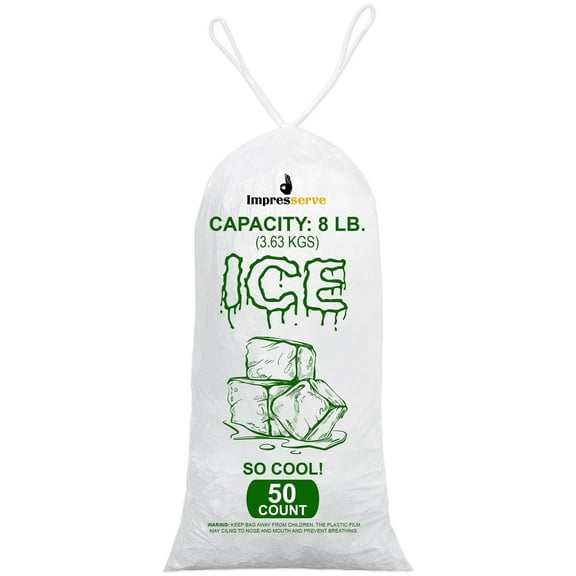 Impresserve 8lb Plastic Ice Bags with Drawstring Closure – 50 Count