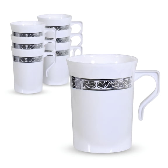 Impresserve 8 oz Disposable Plastic Coffee Mug with Handle & Decorative Band, White, 32 Count