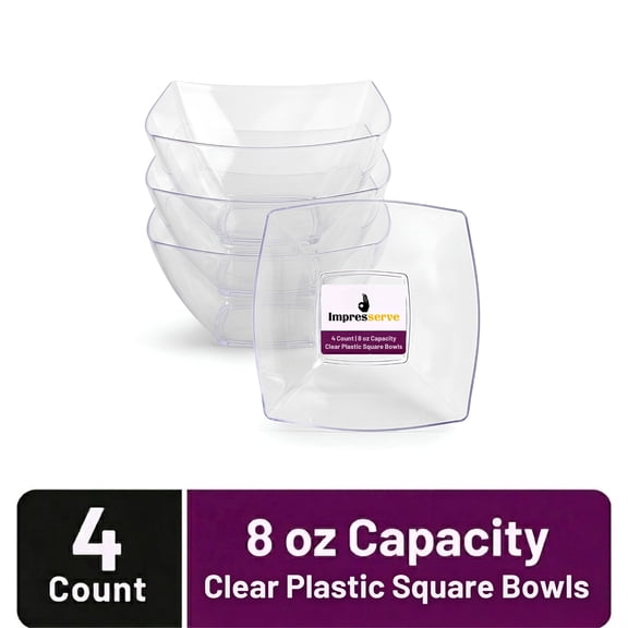 Impresserve 8oz Clear Plastic Fancy Square Bowls - 4 Count