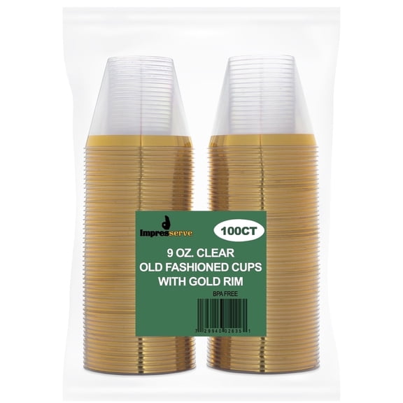 Impresserve 9oz Clear Plastic Old Fashioned Cups with Gold Rim - 100 Count
