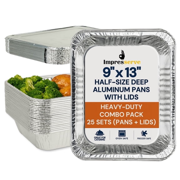 Impresserve Aluminum Foil Steam Table Pans with Fold-Over Lids, Half Size Deep 9x13, 25 Pack – Heavy-Duty Disposable Catering Trays