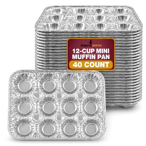 Impresserve Aluminum Muffin Pans, 12-Cup Compact Cupcake Baking Pans, Disposable Foil Bakeware, 9.5 x 6.8 in, 40 pack