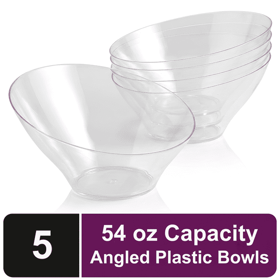 Impresserve Angled Plastic Serving Bowls, Large 54 oz, Clear, Durable Disposable Party Bowls for Weddings Catering Events, 5 Count