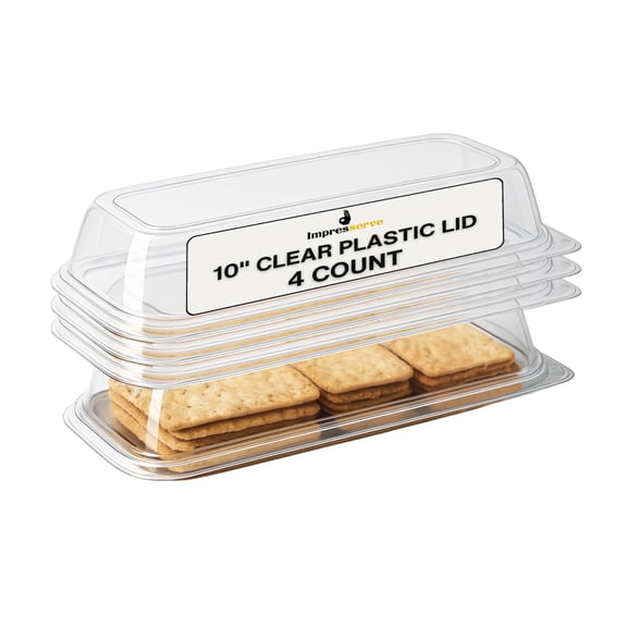 Impresserve Clear Plastic Lid for 10 Inch Rectangular Serving Tray, Snap-On Disposable Tray Cover, 4 Count