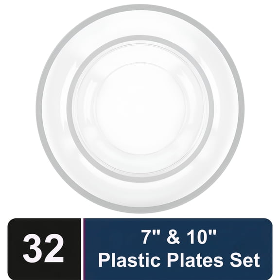 Impresserve Contrast Collection Disposable Plastic Plate Set, 7” & 10”, Clear with Silver Rim, 32 Count