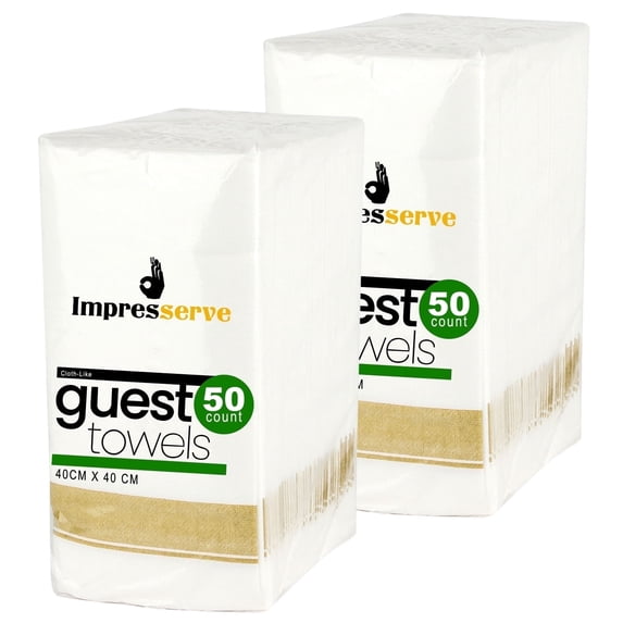 Impresserve Disposable Cloth-Like Paper Guest Towels, White with Gold Band, Soft Absorbent Hand Towels for Bathroom and Events, 100 Sheets
